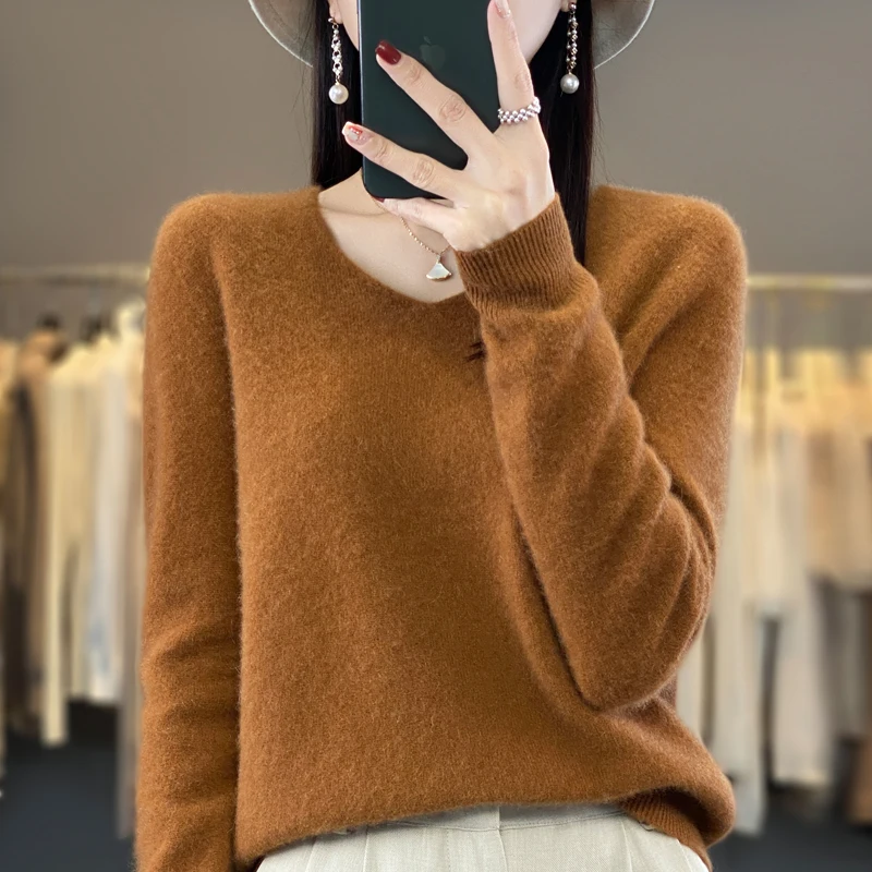 2024 100% Merino Pure Wool V-neck Autumn And Winter Pullover Sweater New Cashmere Sweater Women\'s Casual Knitted Top DMR201