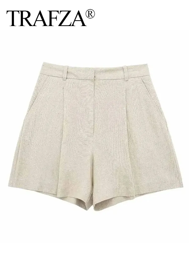 TRAFZA Summer Women Casual Shorts With Pockets Zipper Fly High Waist Linen Blend Shorts Vintage Solid Female Short Pants Mujer