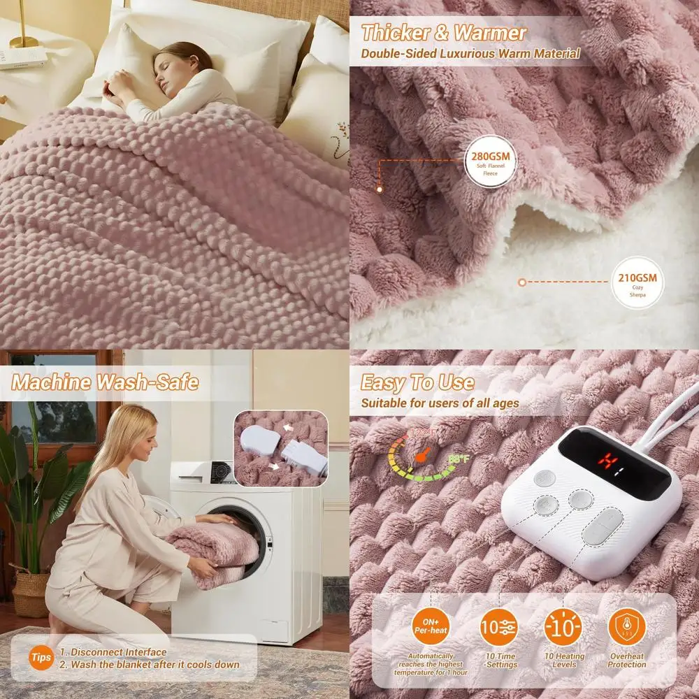 

Полноразмерное электрическое одеяло с подогревом 72x84, 10 уровней нагрева, автоматическое отключение через 10 часов, мягкий флис, можно стирать в машине, розовое