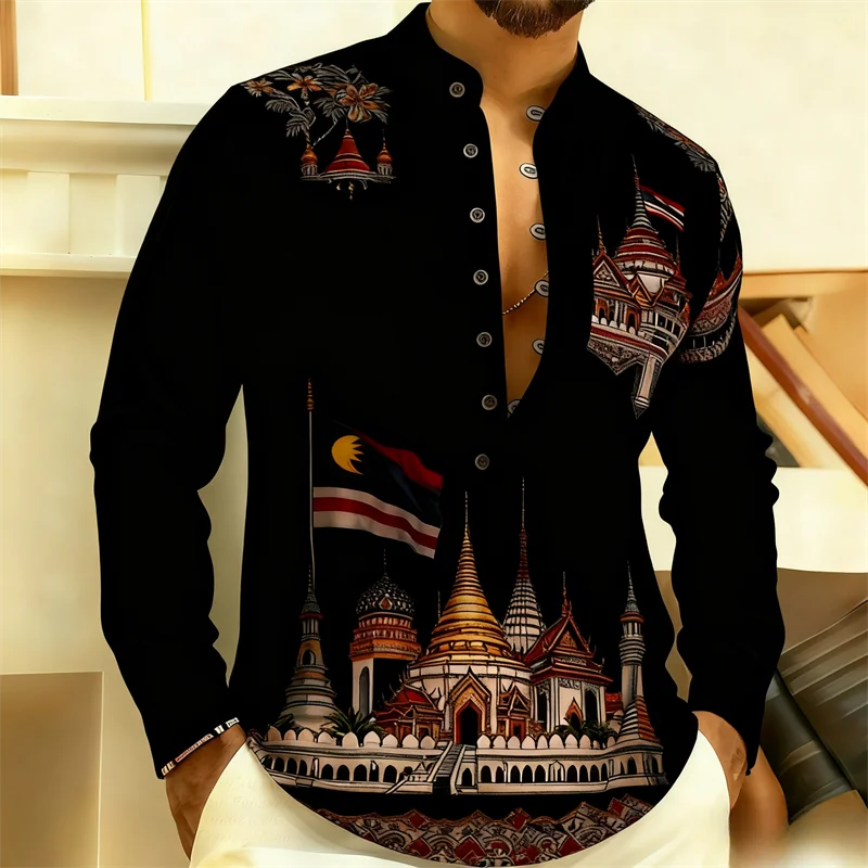 マレーシア国旗＆伝統寺院プリント バジュ・マレーユ メンズ長袖シャツ エスニックカジュアルブラウストップ 文化祭用