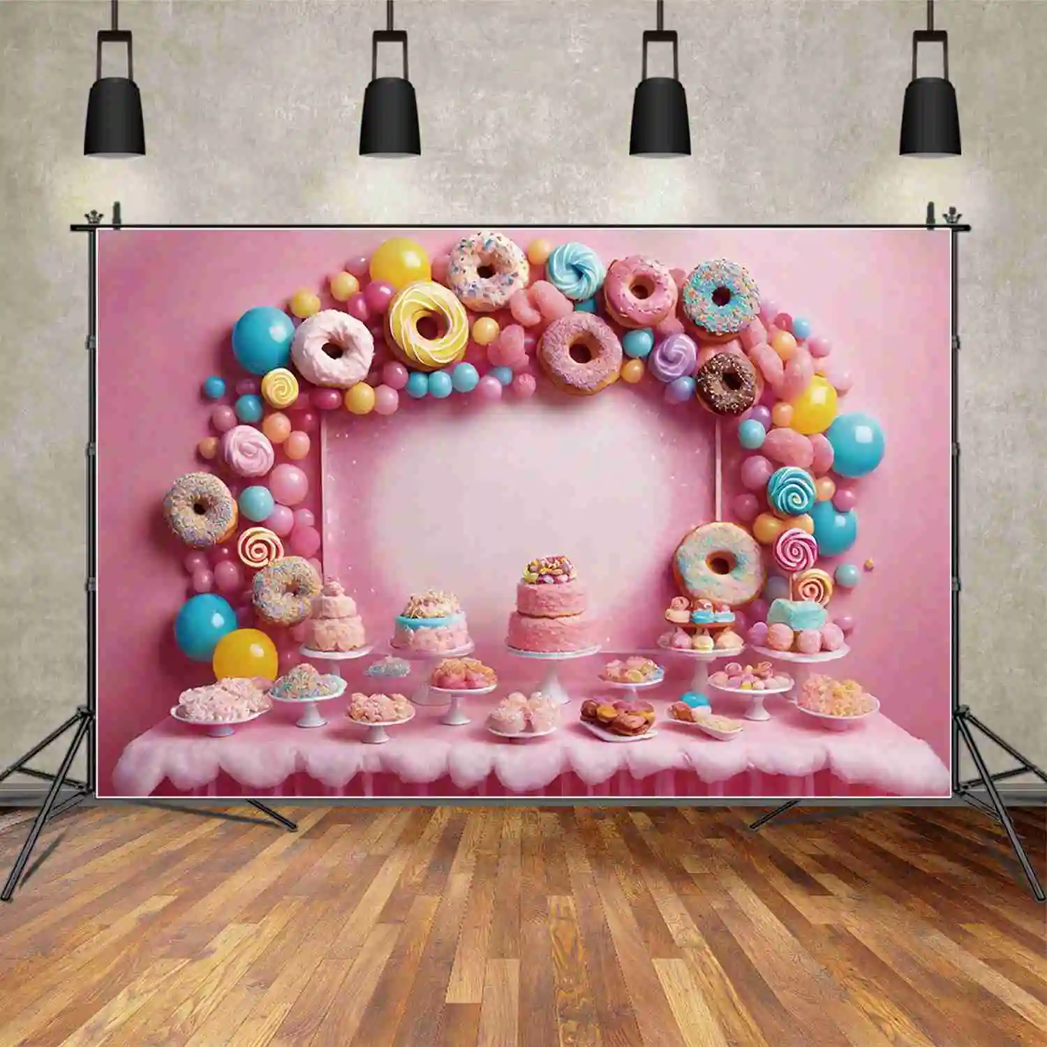 MOON.QG Sweet Dessert Birthday Backdrops Child Cake Doughnut Balloon Background Customized Party Decoration Photocall Props