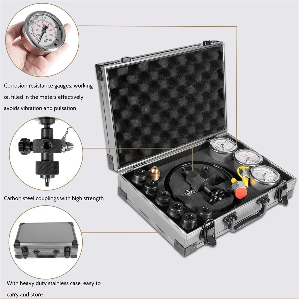 GK-01 Hydraulic Nitrogen Accumulator Nitrogen Pressure Test Kit Gas Charging Tool 3 Gauge 7 Adapter 1500/3600/6000 PSI Gauge Kit images - 6