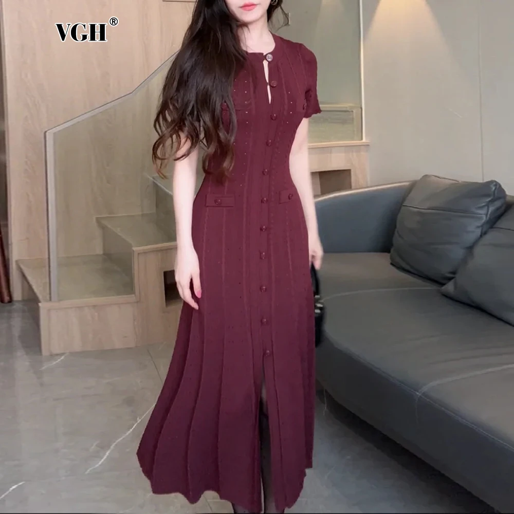 VGH French Elegant Style Dress For Women O Neck Slimming Patchwork Single Breasted Hollow Out Solid Knitted Dresses Female New