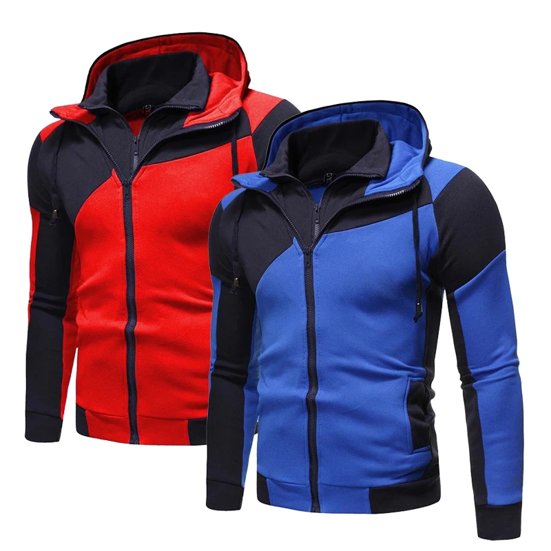 

Men's Hoodies Sweatshirts Colorblock Double Zipper Hooded Cardigan for Male Slim Hoodie Sweatshirt