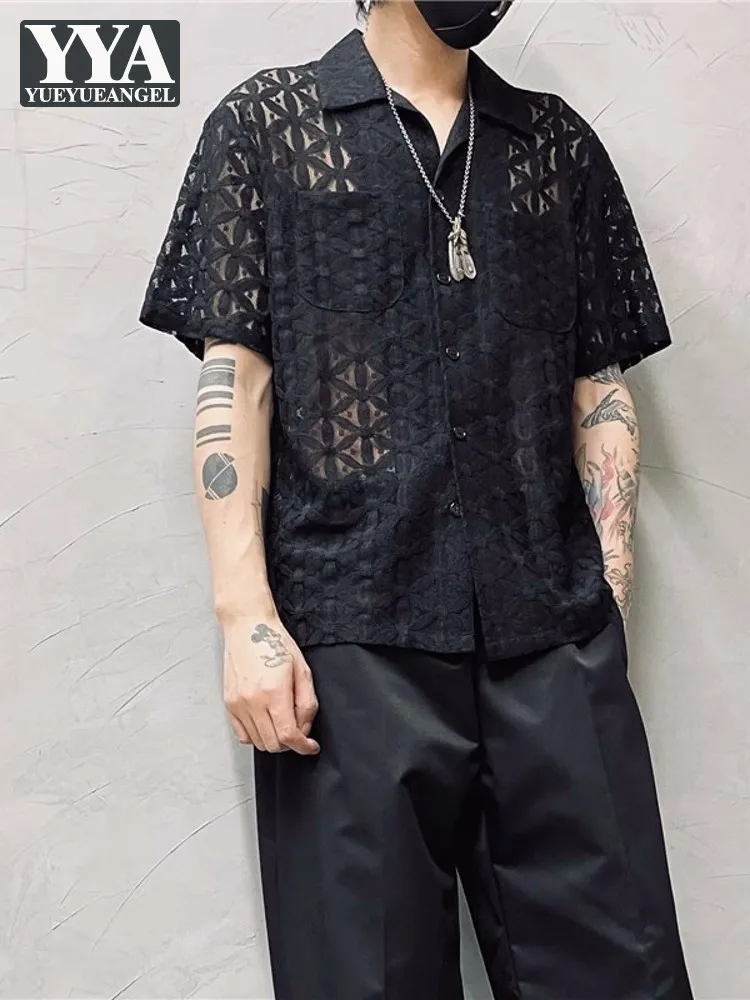 

Summer Mens Black Gothic Hollow Out Shirt Sexy Night Clubwear Tops Harajuku Breathable Short Sleeve Beach Shirts Streetwear Top