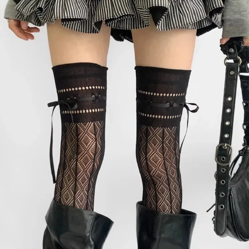 New Black Fishnet Stockings Women Sexy See Through Hollowed-out Thigh High Socks Punk Uniform JK Bow Tie Strap Knee High Hosiery