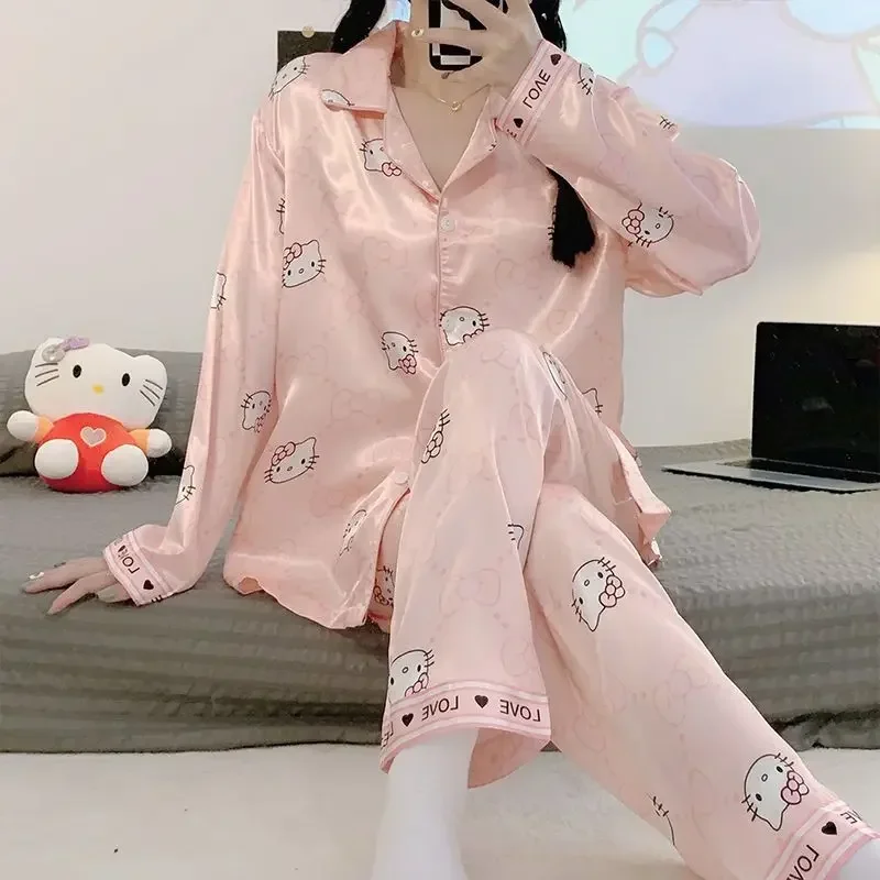 Ice Silk Hello Kitty Autumn and Winter Pajamas Women\'s Long Sleeve Pants Cartoon Students Loose Large Size Suit Home Clothing