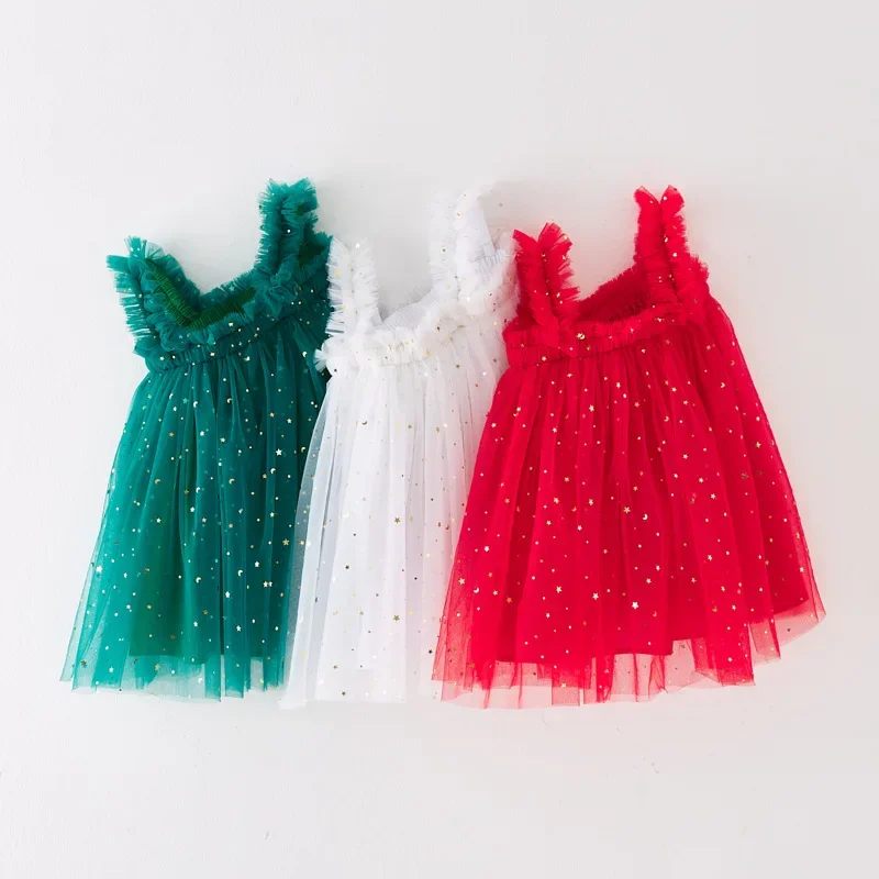 

2024 Cute Christmas Girls Tulle Princess Sling Dress Toddler Stars Sequin Puffy Dress Children Xmas Day Festivel Party Dresses