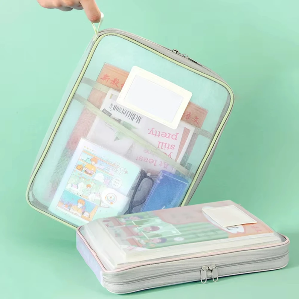 Double-layer Mesh Zipper Bag Transparent A4 Stationery Exams Storage Bag Large Capacity Organizer Office File Folders