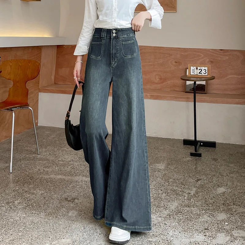 

Women's Spring and Autumn Fashion Double Buckle High-waisted Jeans Slightly Flared, Casual Loose Stretch Simple Wide Leg Jeans