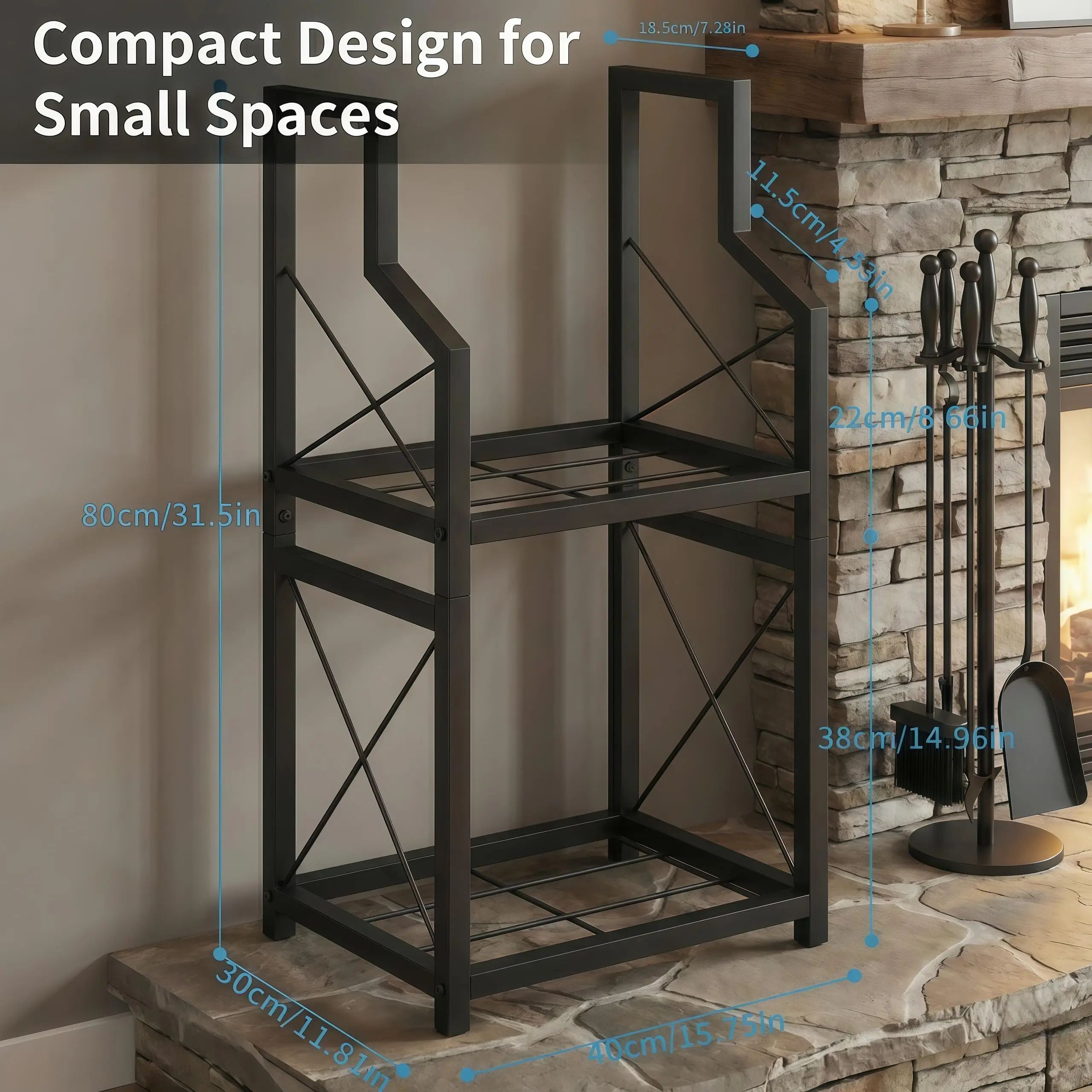 Firewood Rack Vertical Holder with Kindling Storage Heavy Duty Steel Wood Stacker Stand for Fireplace Patio Porch