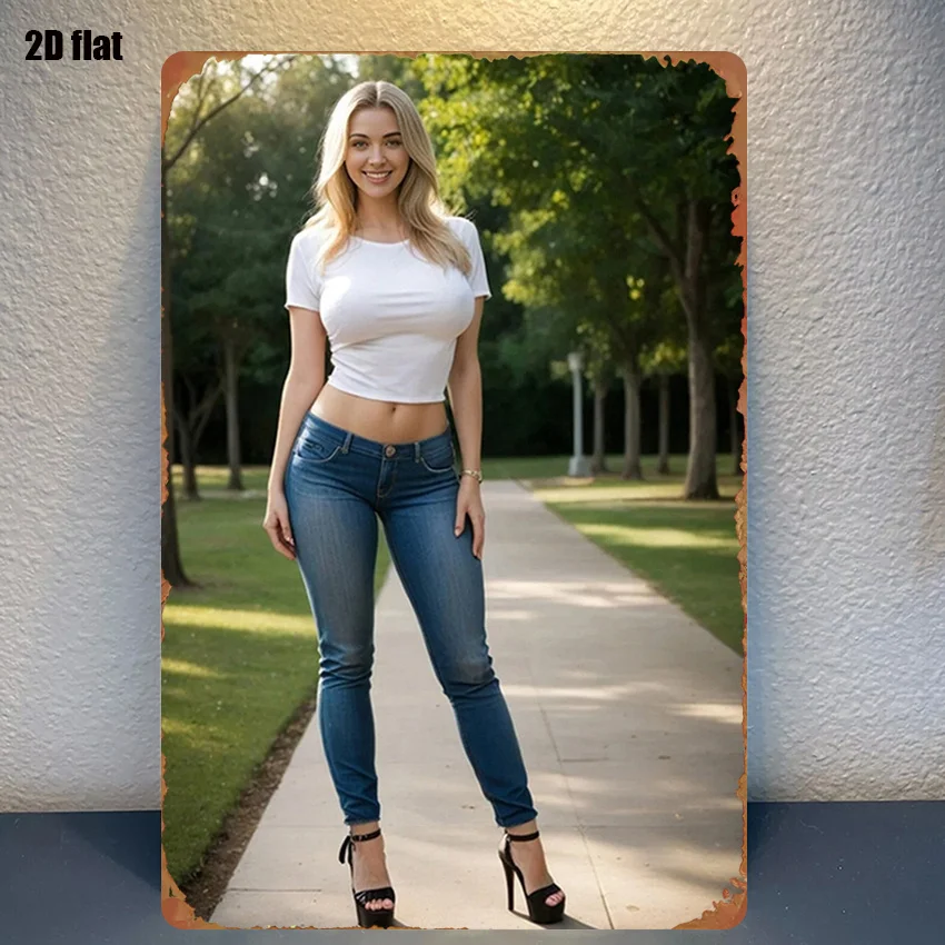 1Pc Vintage 2D Flat Funny Aesthetic Metal Sign Retro Rustic Sexy Blonde Girl Summer Outfit White Tank Top High Waist Jeans St