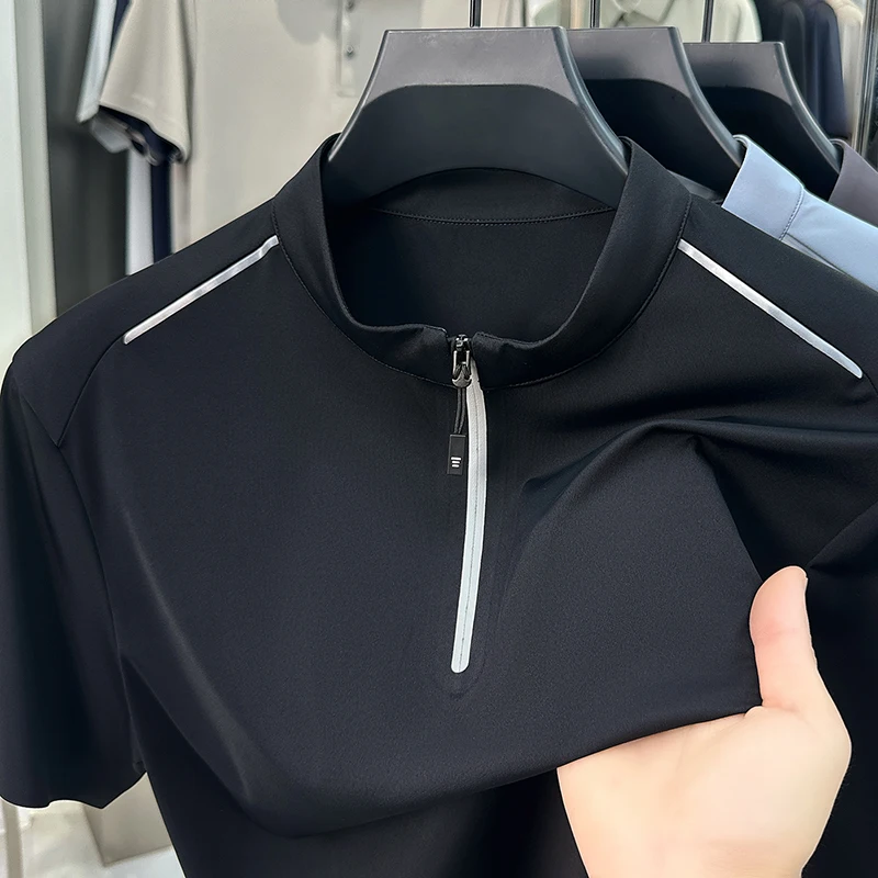 

Quick Dry Stand Collar Men's Polo Shirt Half Zip Short Sleeve Stretch Slim Summer Sports Casual T-Shirt Lightweight Breathable