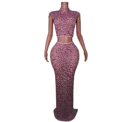 Sexy Rhinestone Tank Vest Top Bodycon Long Skirts 2 Piece Sets Women Festival Outfit Night Club Dress Party Costume Evening Gown