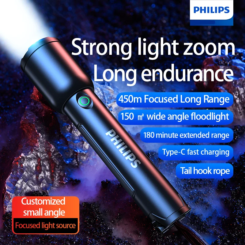 PHILIPS 2023NEW led flashlight camping lanterna fishing zoom 450m long-range sos Self Defense