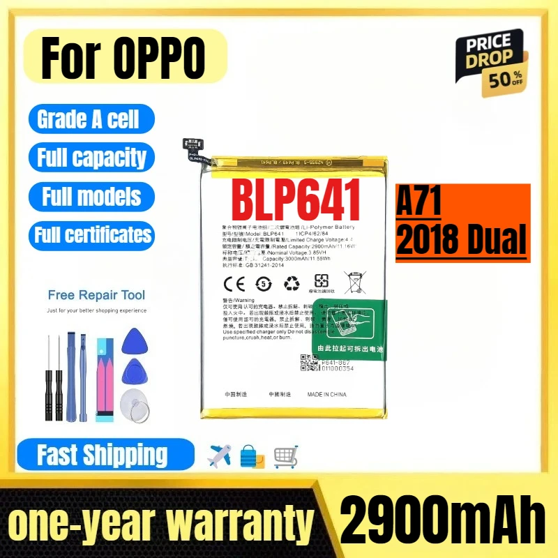 

BLP641 for OPPO A71/2018 Dual Mobile Phone Battery High Quality High Capacity Replacement Bateria Grade A Cell with Tools