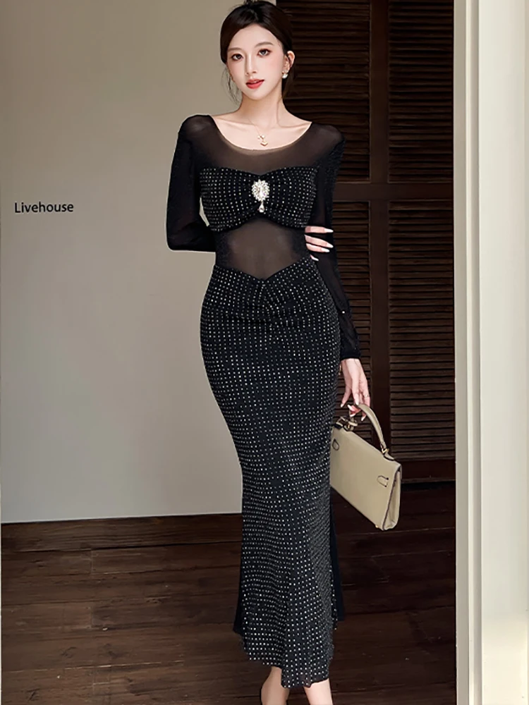 2025 diamantes pretos retalhos malha pura sexy vestido longo outono manga longa elegante vestido babados feminino coreano vestido de baile de luxo