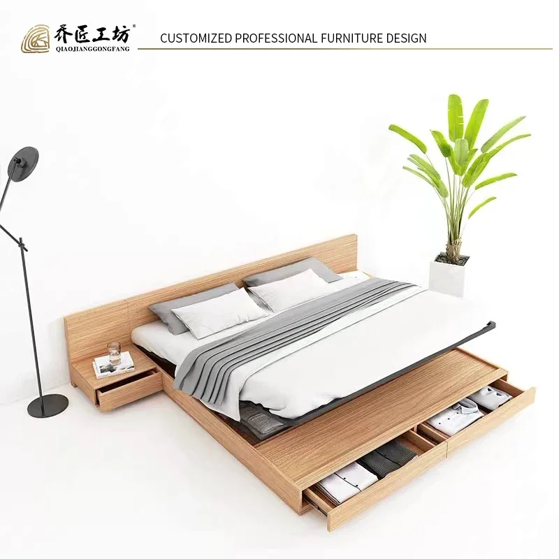 Simple Modern Wood Bed Frame King Size Double Bed With Storage Bedroom Furniture Sets