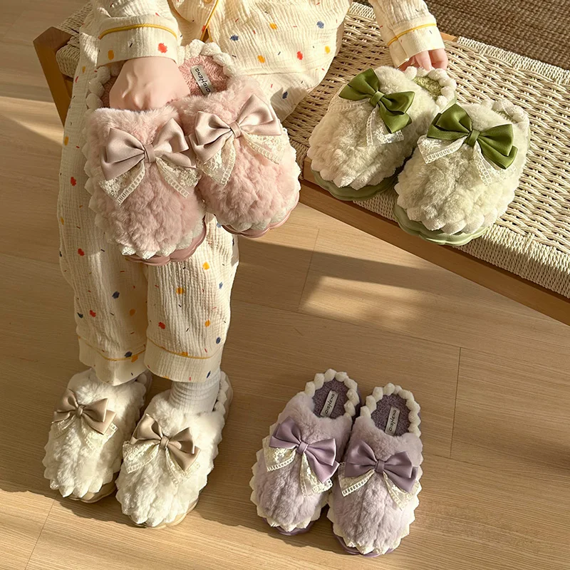 Winter Cute Bow Cotton Slippers Women Plush Warm Indoor Home Skin Friendly Wave Design Non Slips  House High Appearance Shoes