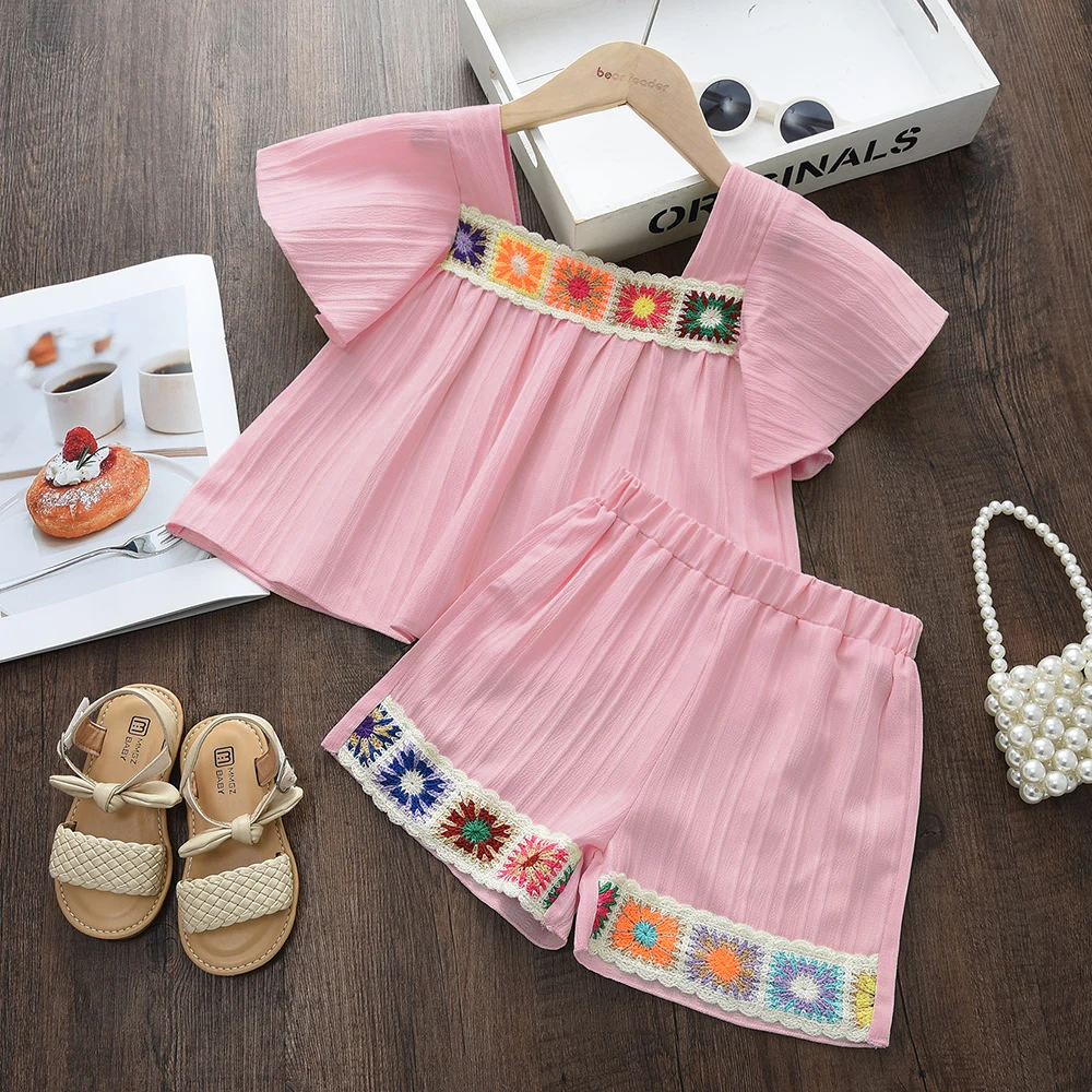 3-7 Year Old Kids Korean Version Suit Flying Sleeves Sun Embroidery Top + Shorts Two-piece Set Summer New Girls' Casual Clothes