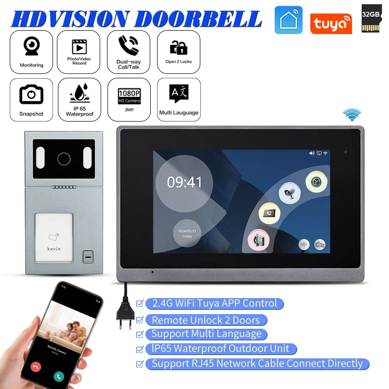 

Direct Sale Tuya Wifi 7 Inch HD 1080P IP Video Doorbell Videocitifono RJ45 Interface Remote Control RFID Card Unlock