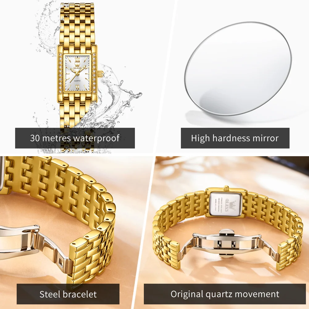 OLEVS 3700 Elegant Fashion Gold Woman Watches Stainless Steel Square Quartz Watch Waterproof Laides Watch Original New Reloj