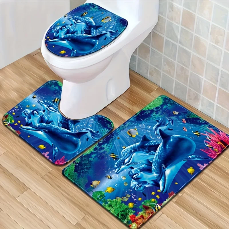 1/2/3pcs Fantasy Dolphin Blue Bathroom Non-slip , , Anti-fatigue Rug U-shaped Floor Mat, Toilet Cover M