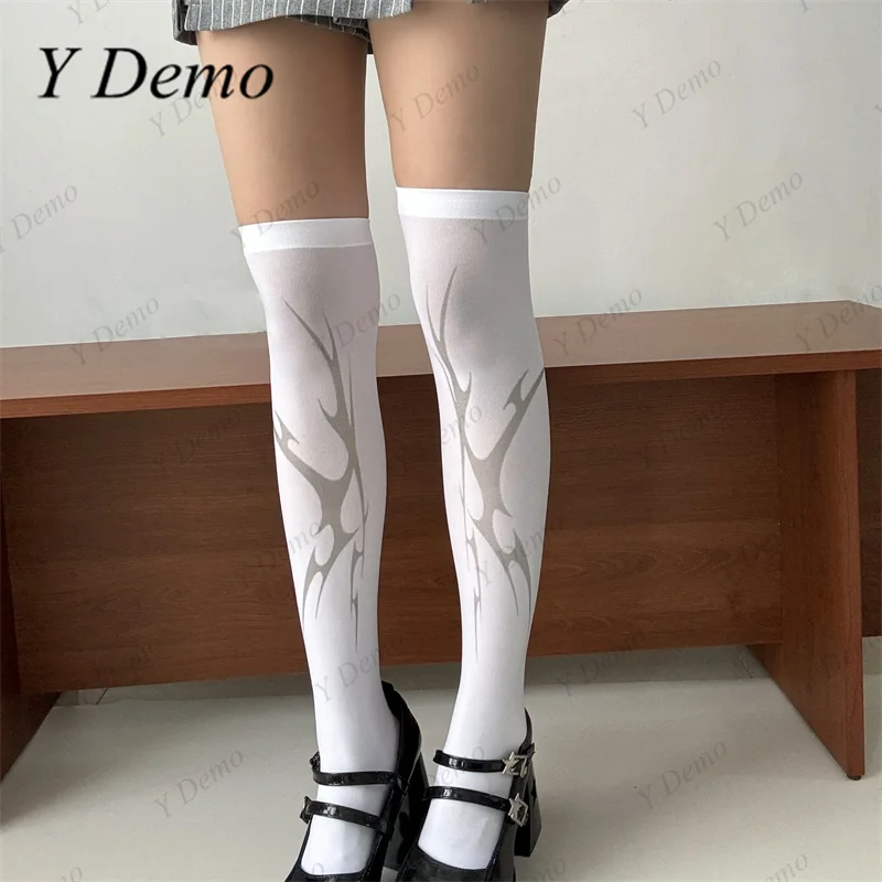 

Y Demo Techwear Thorns Printing Summer Thin Middle Tube Socks Women Slim Y2k White Stockings