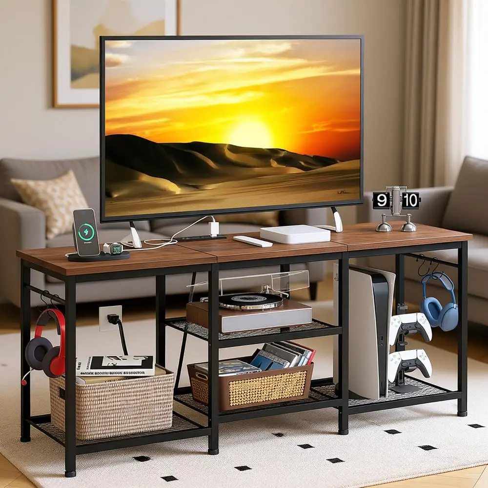 

Тумба для телевизора в деревенском стиле, коричневая, для телевизоров 55-40 дюймов, с розеткой и открытыми полками