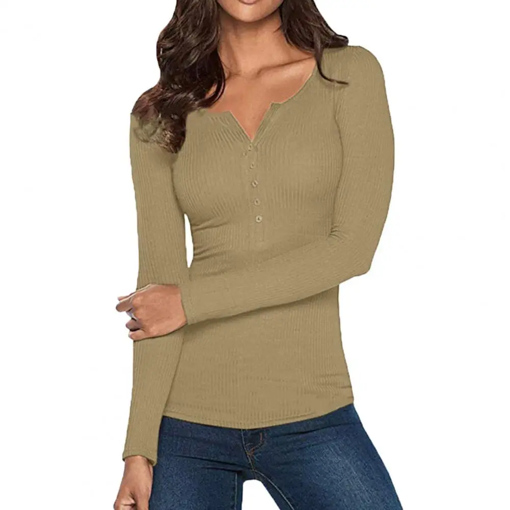 

Women Slim T-shirt V-neck Buttons Neckline Long Sleeve Tee Shirt Ribbed Elastic Pullover Tops