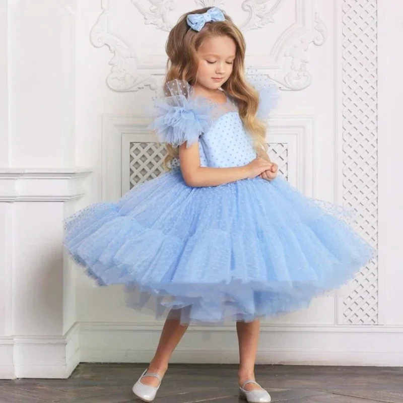 

Sky Blue Flower Girls Dresses Pleated Ruched Knee Length Tiered Puffy Girl For Wedding Princess Birthday Ball Gowns