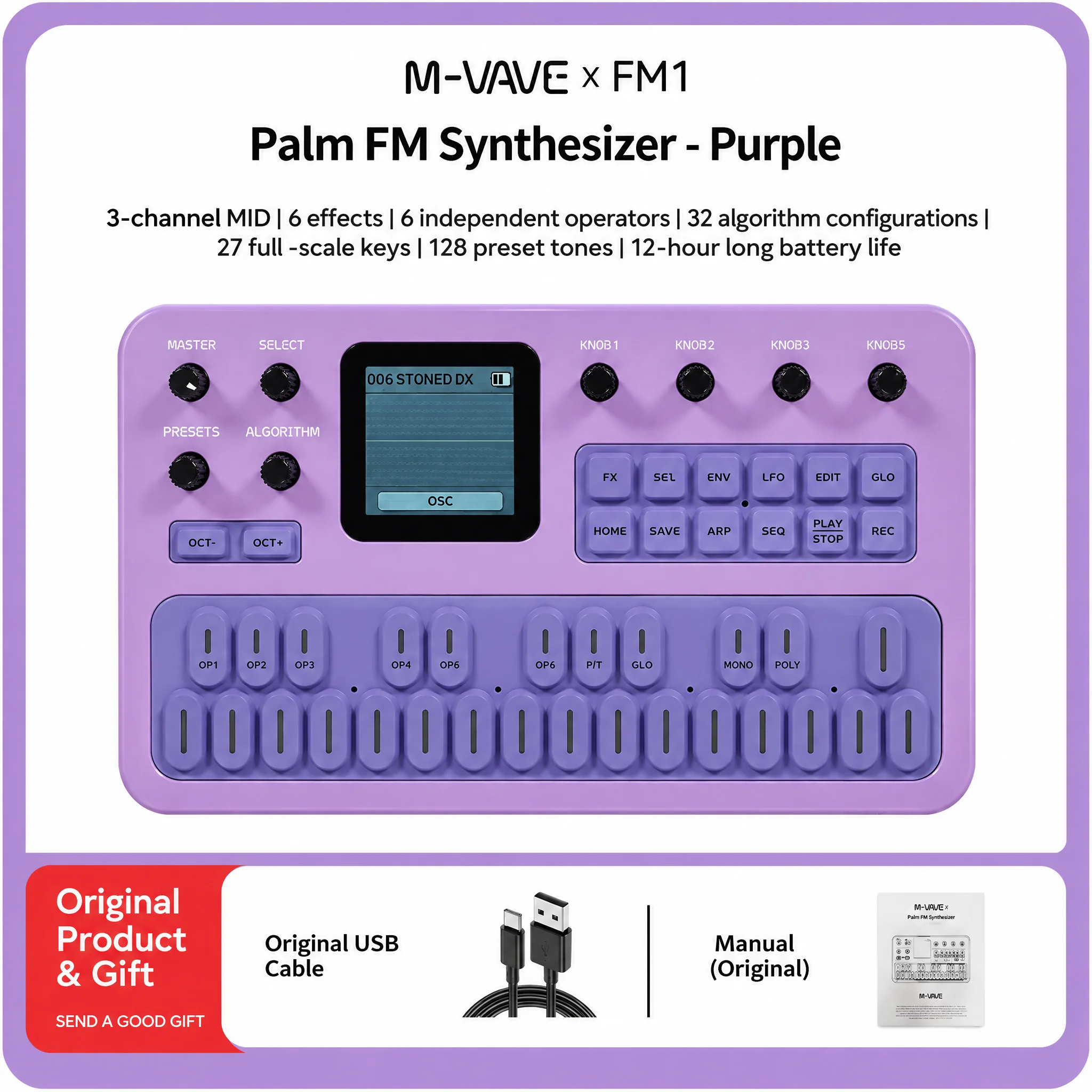 M-Vave Fm1 Portable Fm Synthesizer Effect Pedal 12h Battery 6-Operator 32-Algorithm 128 Presets Built-In Speaker in Stock
