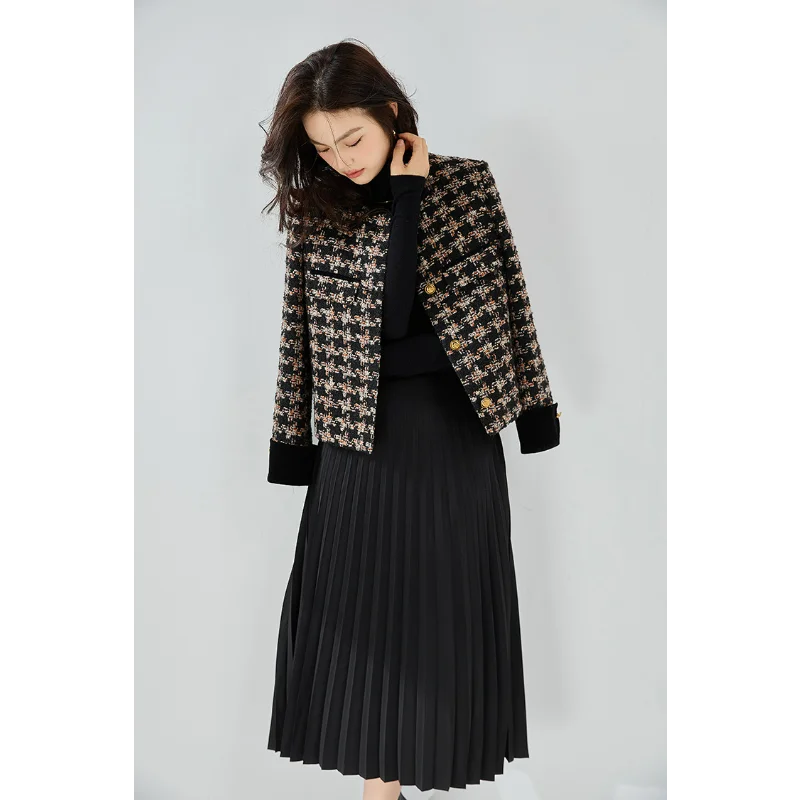 Classic Ladies Tweed Short Jacket Women Velvet Stitching Plaid Coats Contrast Color Houndstooth Round Neck Wool Loose Blends