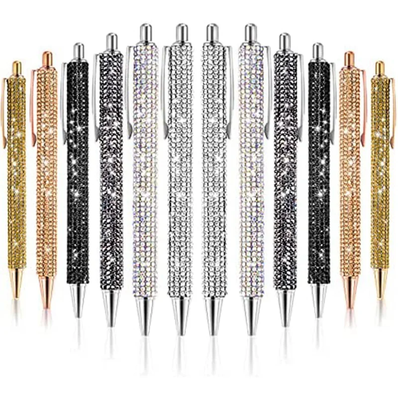 

12 PCS Bling Pen Bulk Metal Ballpoint Pen Diamond Pen Crystal Press Retractable Black Ink 0.7Mm Ballpoint Pen 6 Colors