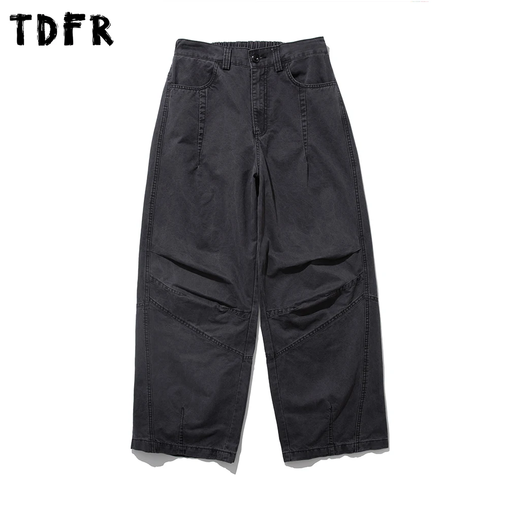 ウォッシュド加工のダメージ加工プリーツカーゴパンツ メンズ スプライス レトロ サファリスタイル ゴムウエスト ワイドレッグ バギーパンツ