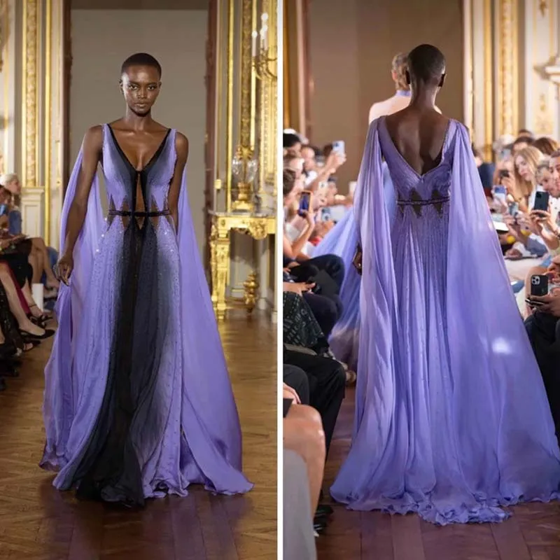 

L545 Customized V Neck purple Gradient Chiffon Beaded vestidos de fiesta فساتين سهره evening dresses