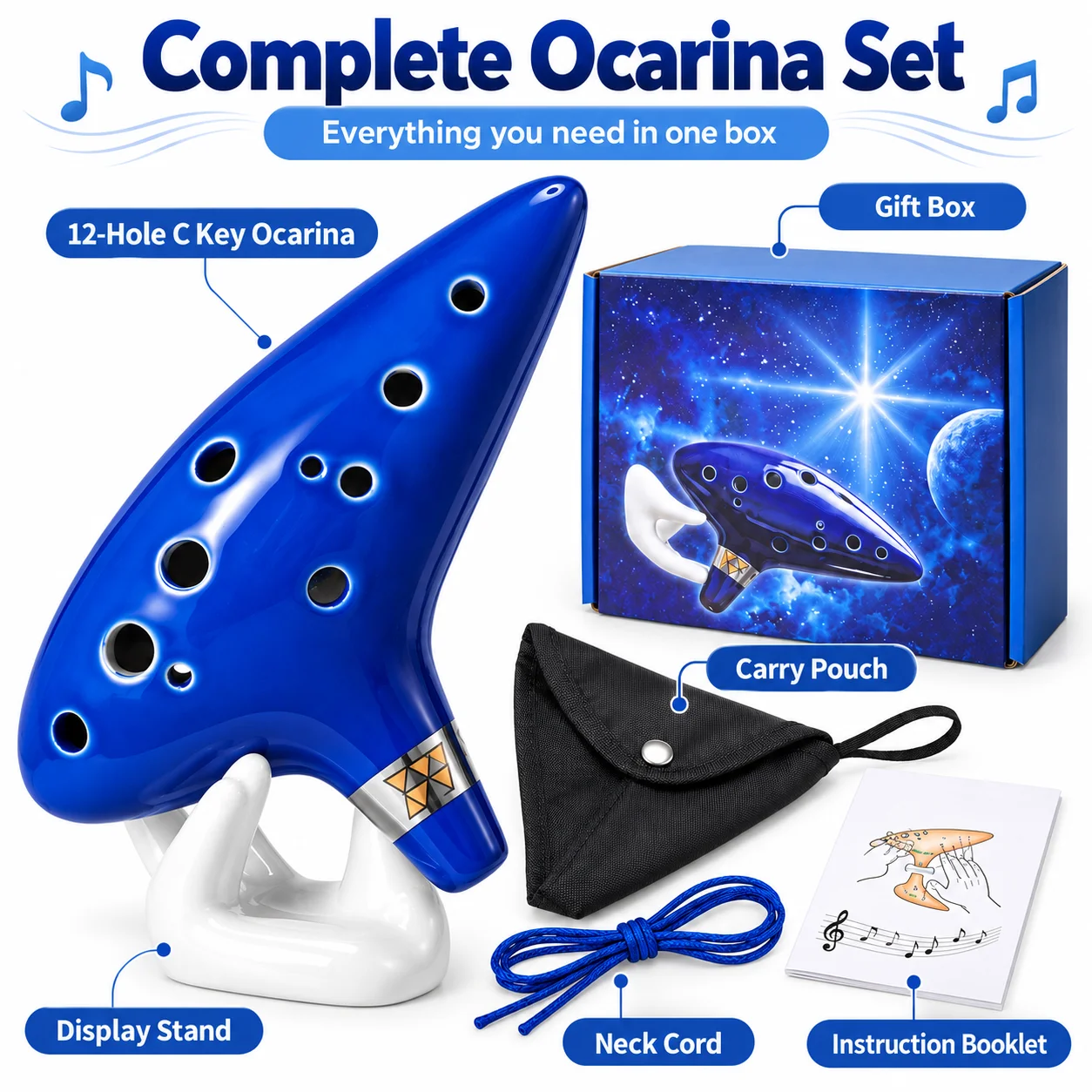Blue 12‑Hole Alto C Ceramic Ocarina 12 Tones Wind Musical Instrument with Song Book Lanyard Carry Bag for Beginner Players