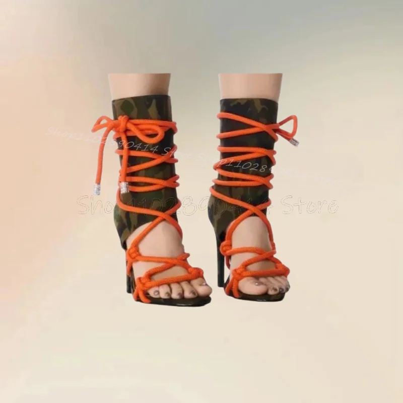 Orange Knitted Rope Camouflage Print Sandals Boots Back Zipper Women Shoes Thin High Heels Novel Party 2024 Zapatos Para Mujere