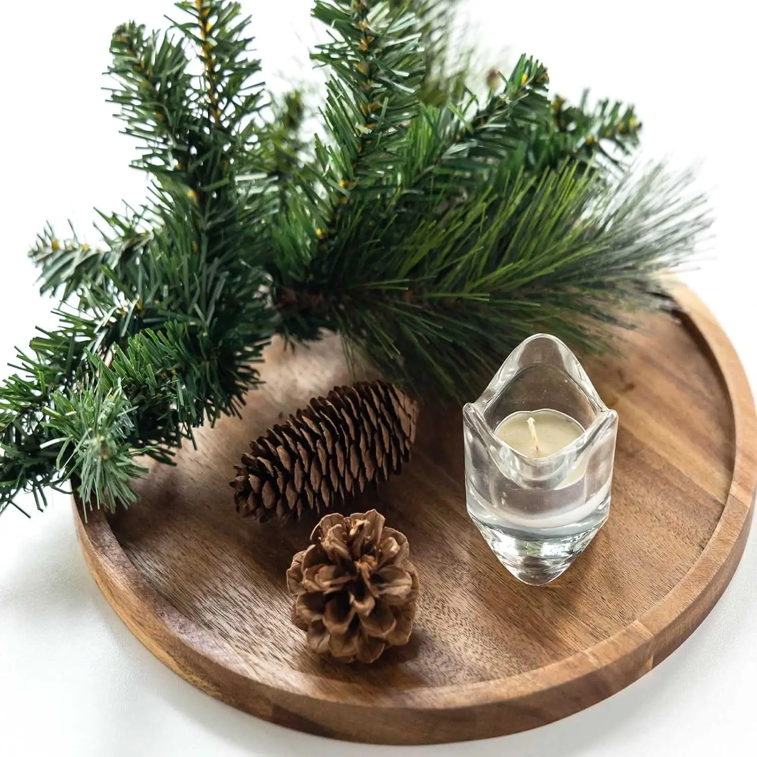 11.5" Acacia Wood Round Tray for Coffee Table, Candle Holder & Home Decor