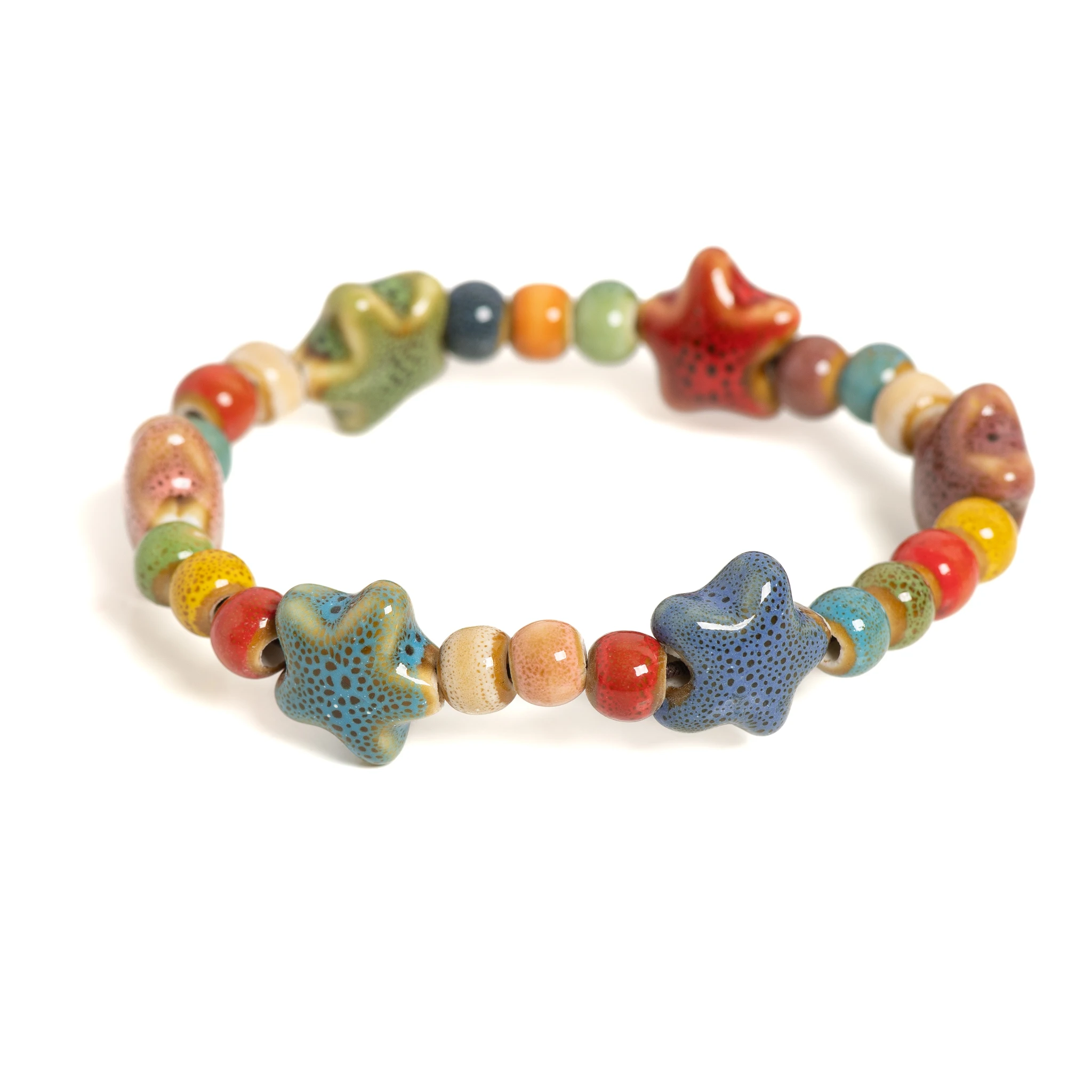 Handgefertigtes buntes Stern-Keramik-Perlenarmband, Stretch-Boho-Schmuck, verspieltes elastisches Armband für Damen und Teenager, S 001183