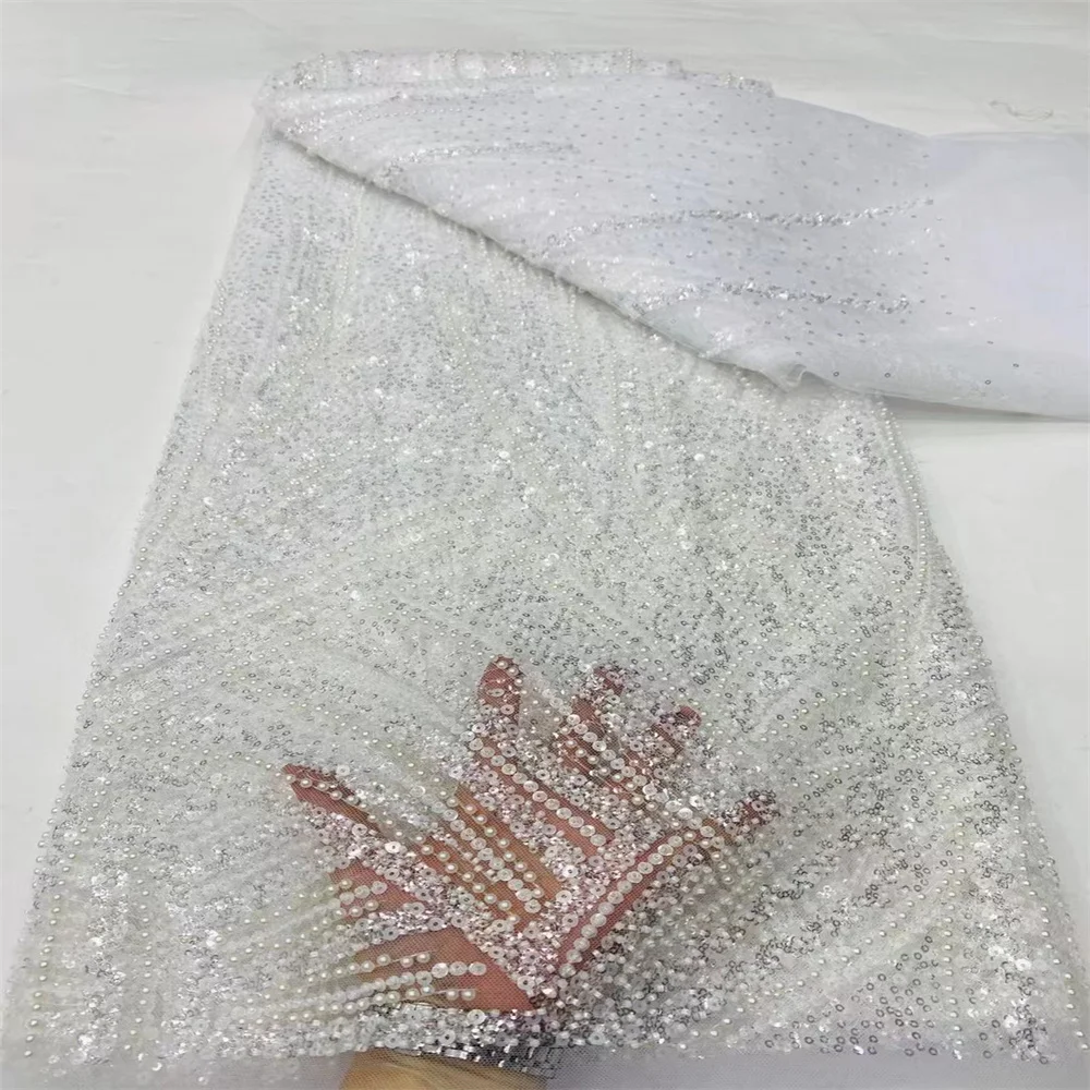 Tecido De Renda De Tule Frisado De Lantejoulas Africanas Tecido De Renda Nigeriano Para Vestido De Festa, Bordado Francês De Alta Qualidade, 5 Jardas, DP2403, 2023