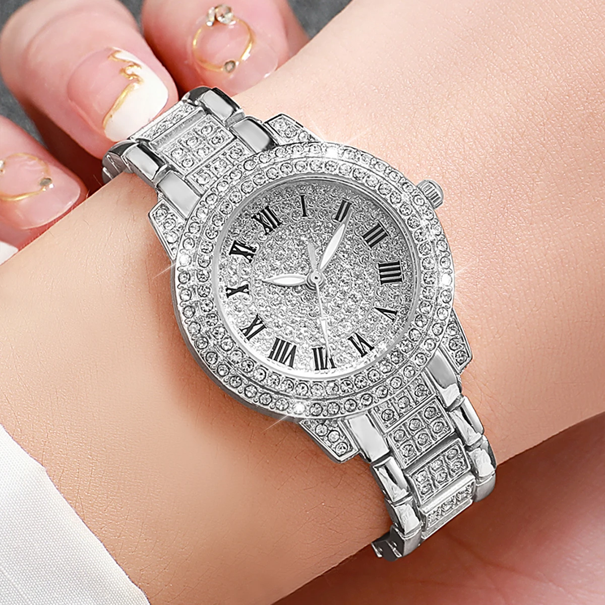 3PCS Women Watches Fashion Full Rhinestone Quartz Watch Stainless Steel Band Wristwatches(Without Box)