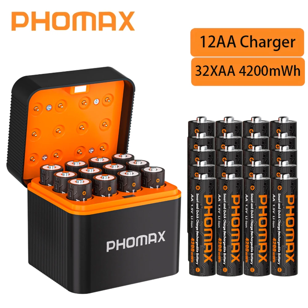 PHOMAX 2-32PC Oplaadbare lithiumbatterij 12-slots slimme snellader 1,5 V AA 4200 mWh batterijen voor koplamp speelgoedauto multimeter
