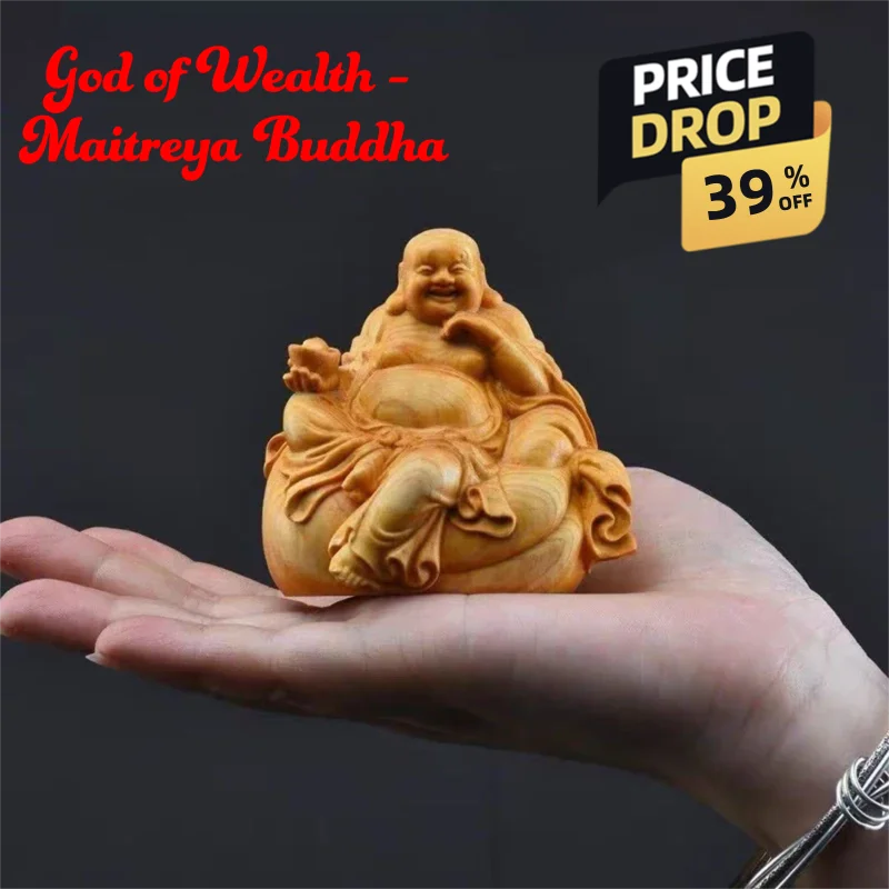 Wooden Yuanbao Maitreya Buddha Small Statue Traditional Culture Maitreya Buddha Home, Room, Office, Car Decoration Accessories