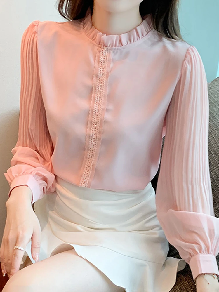 Spring Women Pink Chiffon Blouse Shirt Women Tops Blusas Mujer De Moda 2024 Long Sleeve Blouse Women Shirts Blouses Femme F447