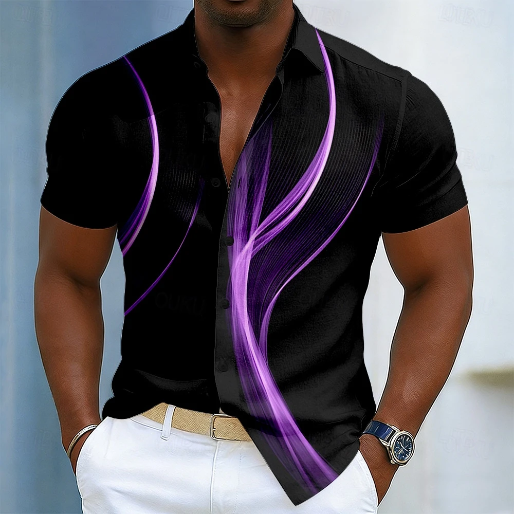 Men's Geometric Gradient Line Wave Pattern Short Sleeve Shirts Casual Street Style Hawaiian Button Shirts Spring Summer Clothing