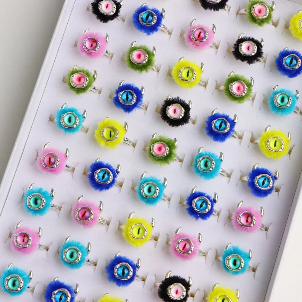 10/20/30Pcs/Lot Funny Cute Colorful Hairy Rings Monster Eyes Women Men Soft Dopamine Jewelry Party Activities Daily Gifts