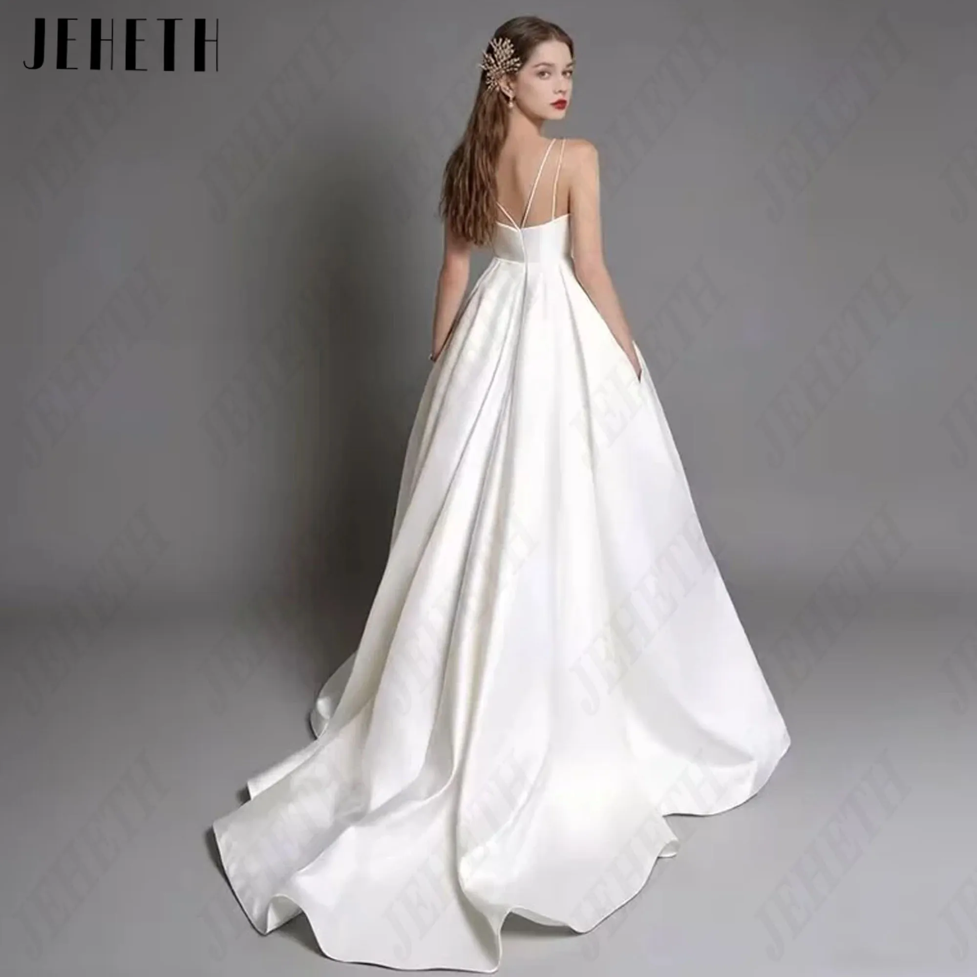JEHETH Spaghetti Straps Wedding Dress With Pockets Satin Bridal Gowns Sleeveless A Line Charming Vestidos De Novia Custom Made