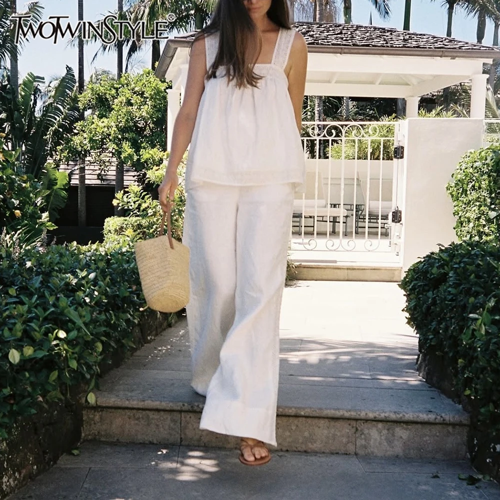

TWOTWINSTYLE Minimalist Getaways White Linen Two Piece Set Female Sleeveless Babydoll Top Wide Leg Pants Suit for Casual Home