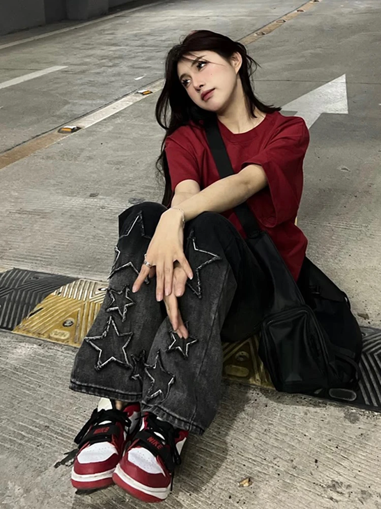 Women's Black Gothic Baggy Cargo Jeans with Star Harajuku Y2k 90s Aesthetic Denim Trousers Emo 2000s Jean Pants Vintage Clothes